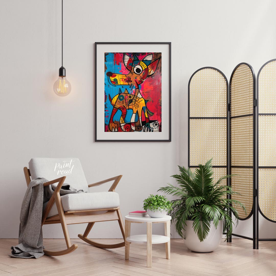 This highly expressive and abstract painting features two stylized dog figures rendered with a raw,… for living room