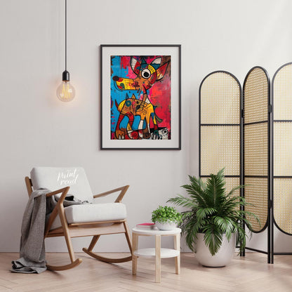 This highly expressive and abstract painting features two stylized dog figures rendered with a raw,… for living room