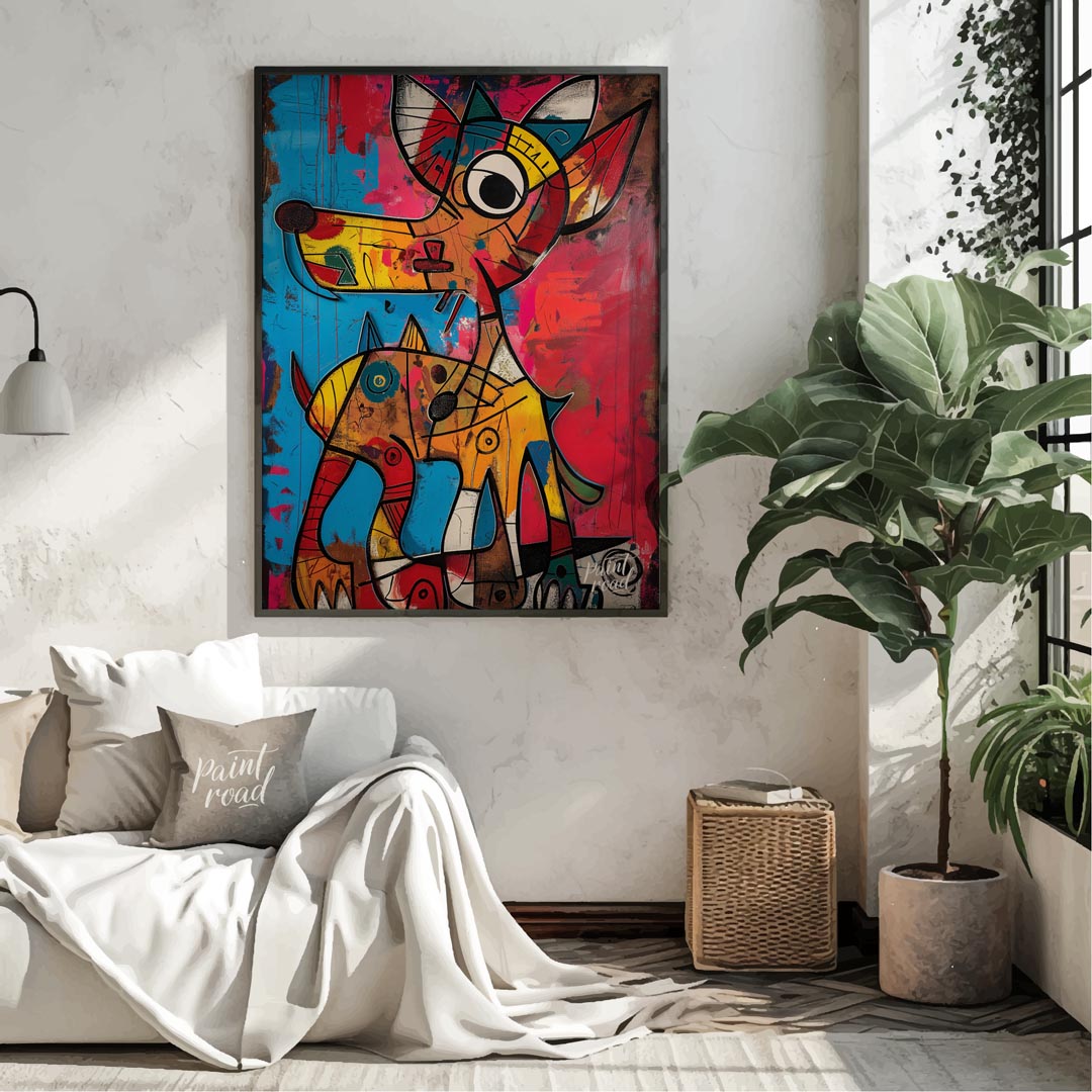 This highly expressive and abstract painting features two stylized dog figures rendered with a raw,… for living room