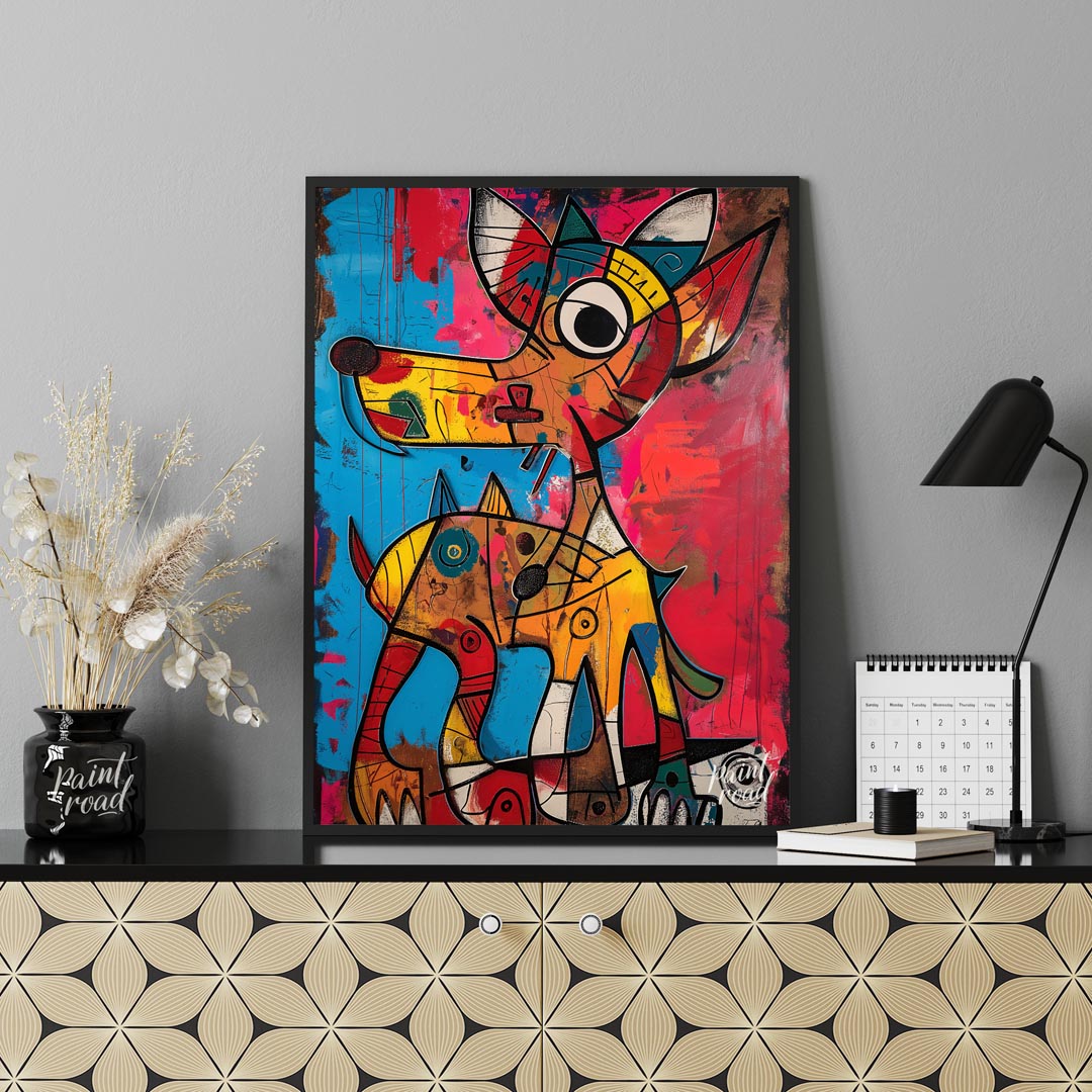 This highly expressive and abstract painting features two stylized dog figures rendered with a raw,… for office