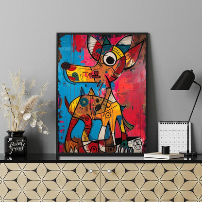 This highly expressive and abstract painting features two stylized dog figures rendered with a raw,… for office