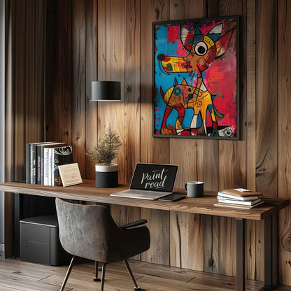 This highly expressive and abstract painting features two stylized dog figures rendered with a raw,… for office