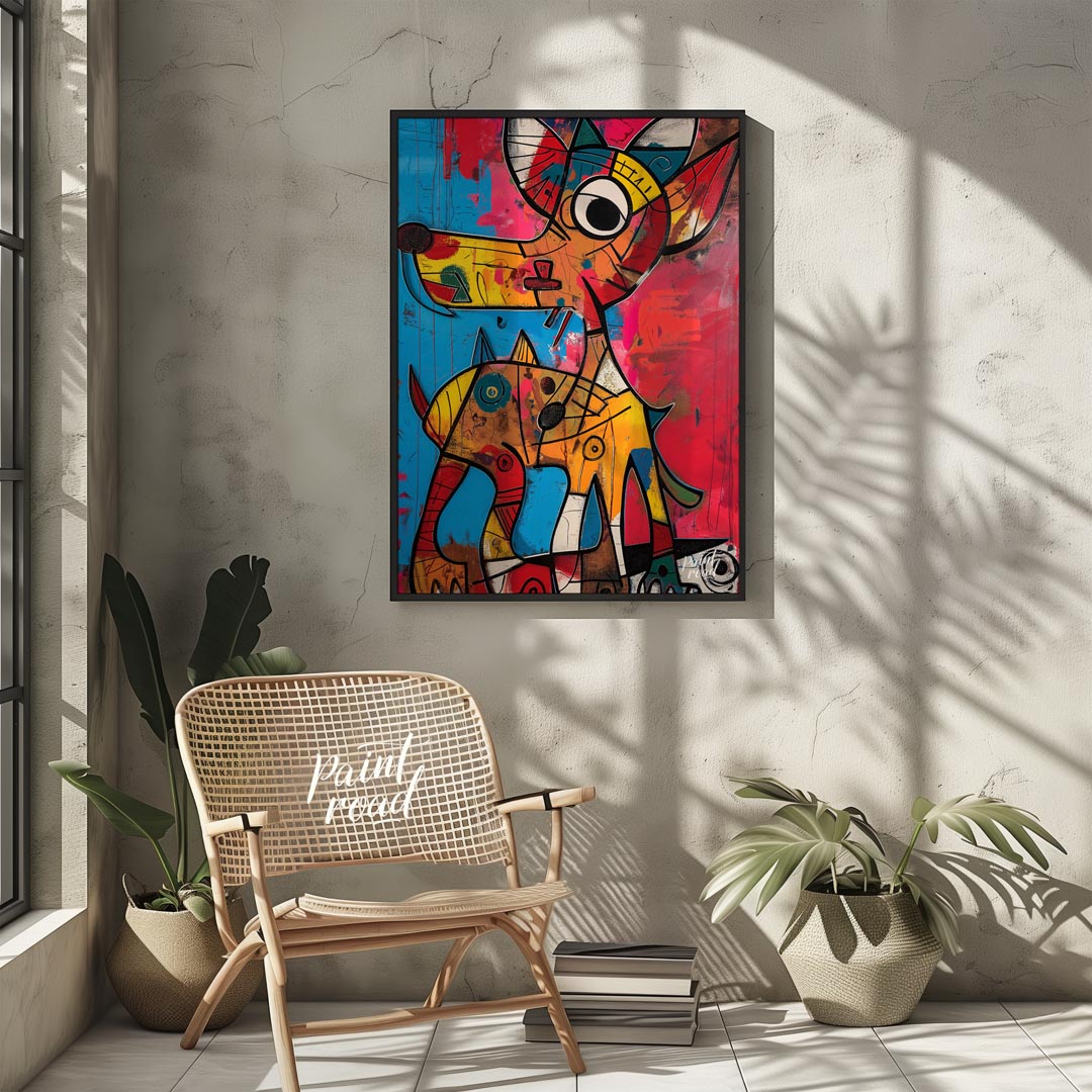 This highly expressive and abstract painting features two stylized dog figures rendered with a raw,… for other