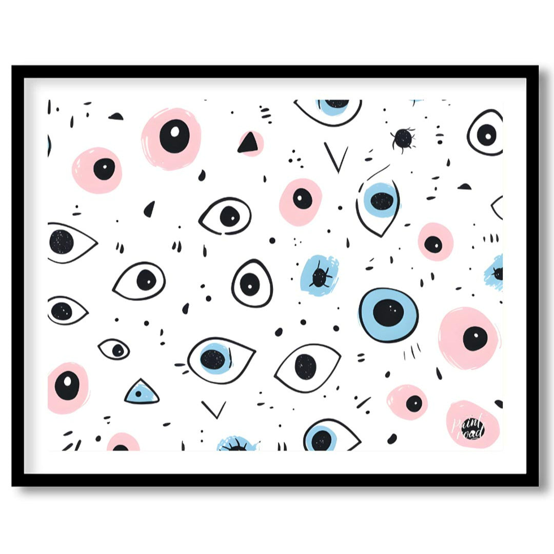 This whimsical and slightly quirky art print features a playful, repetitive pattern of stylized eye… for abode