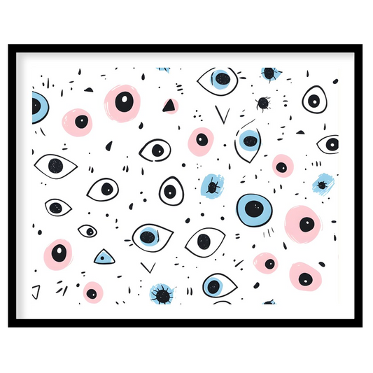 This whimsical and slightly quirky art print features a playful, repetitive pattern of stylized eye… for abode