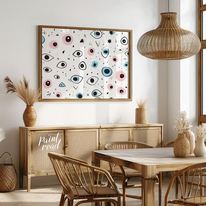 This whimsical and slightly quirky art print features a playful, repetitive pattern of stylized eye… for dining room