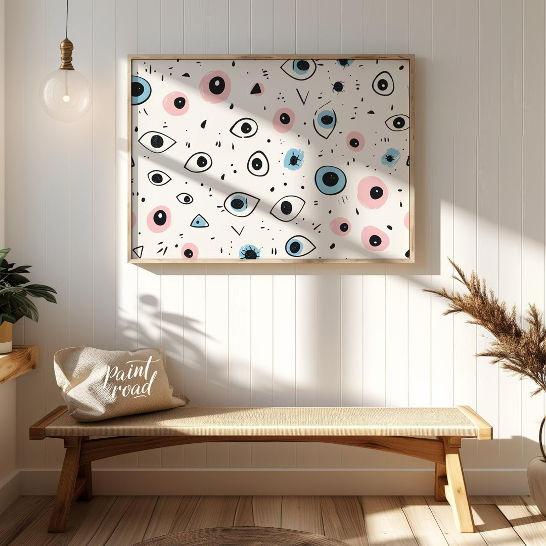 This whimsical and slightly quirky art print features a playful, repetitive pattern of stylized eye… for entryway
