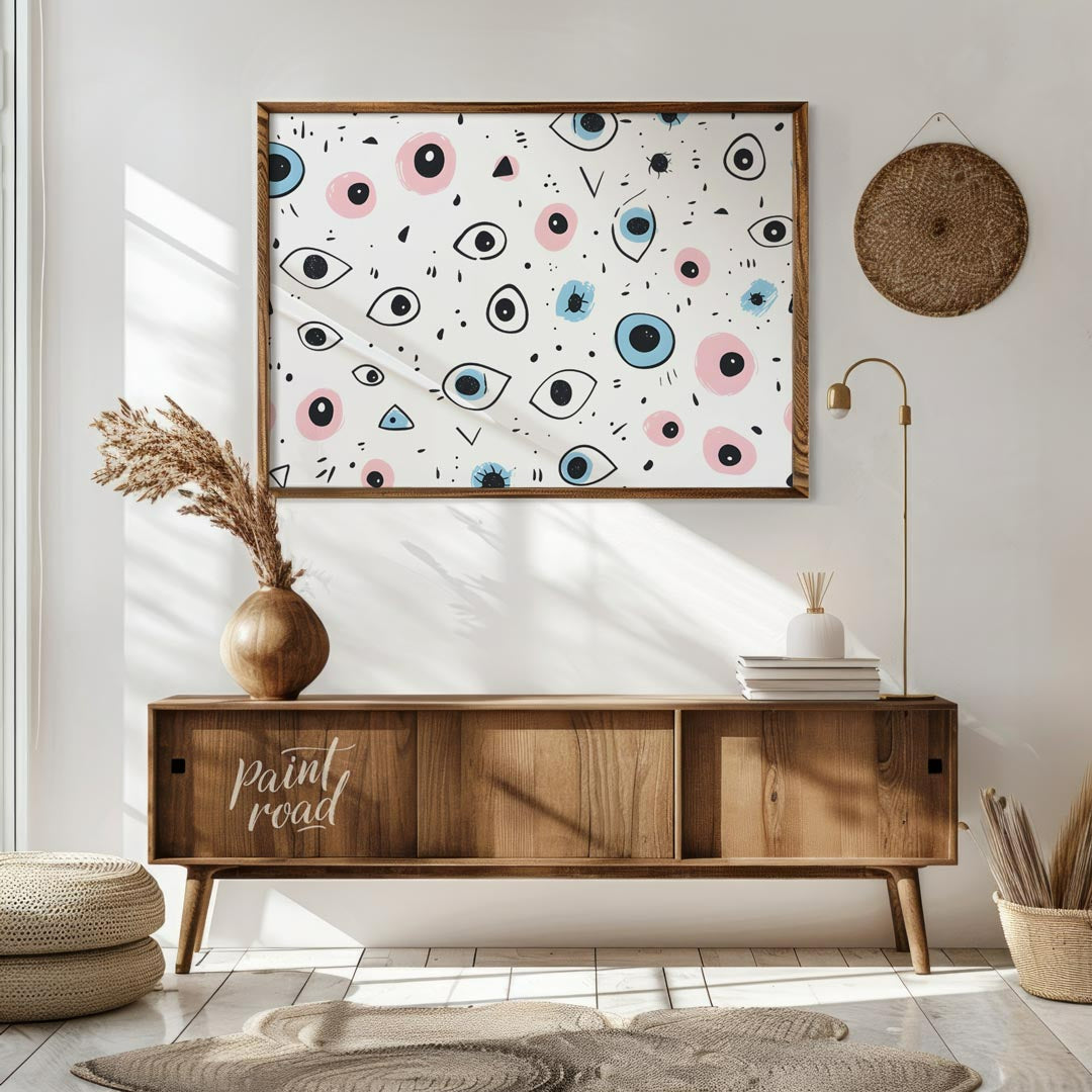 This whimsical and slightly quirky art print features a playful, repetitive pattern of stylized eye… for living room