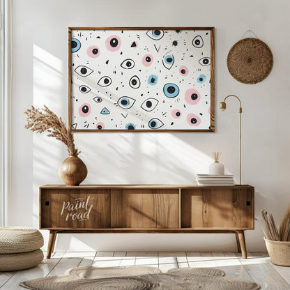 This whimsical and slightly quirky art print features a playful, repetitive pattern of stylized eye… for living room
