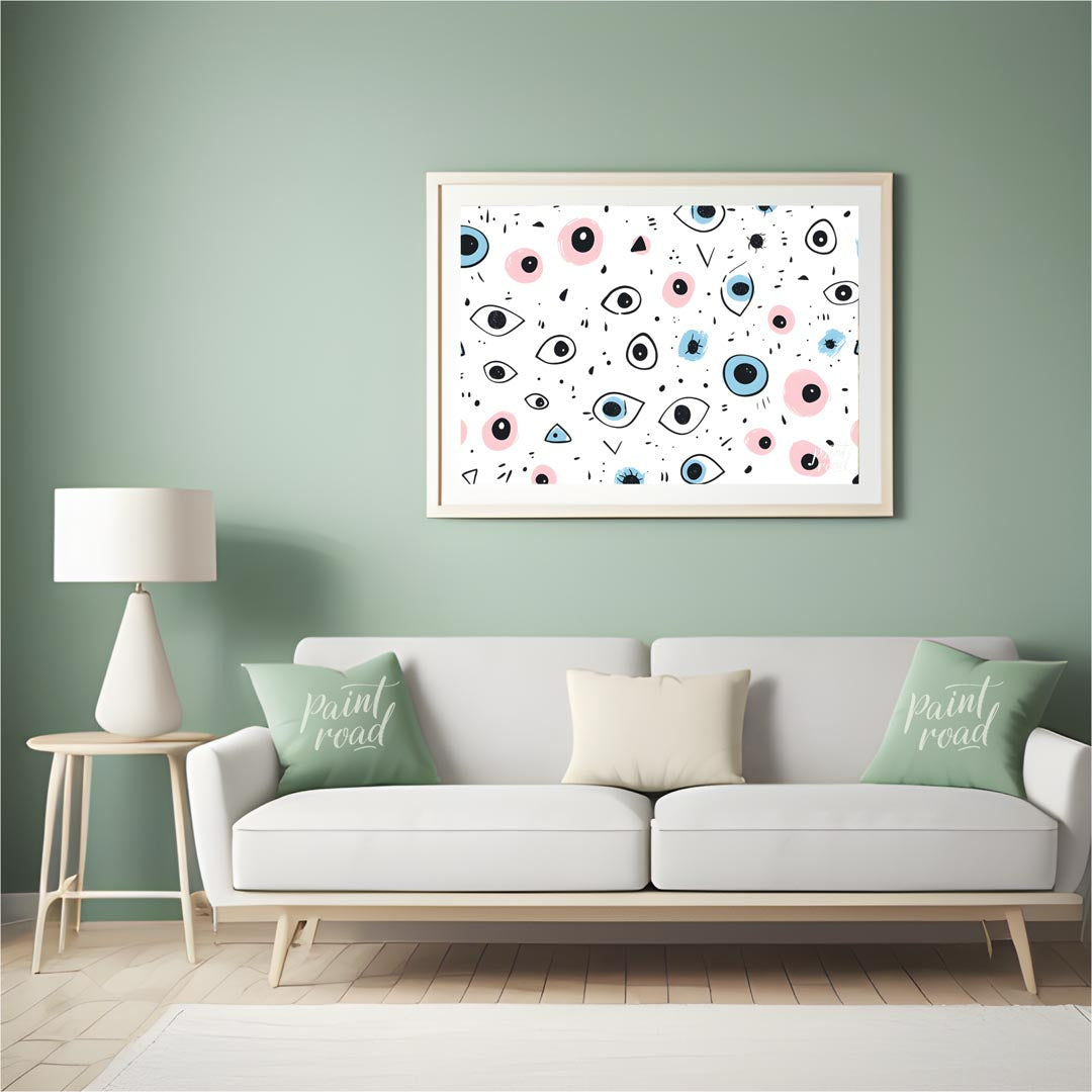 This whimsical and slightly quirky art print features a playful, repetitive pattern of stylized eye… for living room
