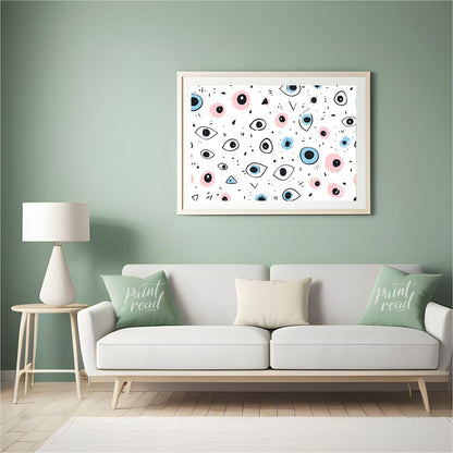 This whimsical and slightly quirky art print features a playful, repetitive pattern of stylized eye… for living room
