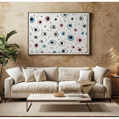 This whimsical and slightly quirky art print features a playful, repetitive pattern of stylized eye… for living room