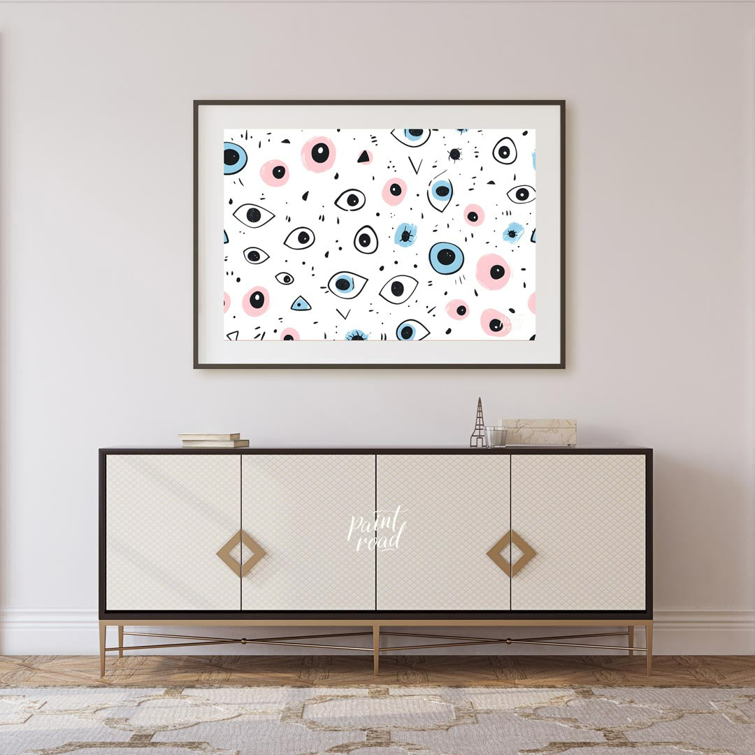 This whimsical and slightly quirky art print features a playful, repetitive pattern of stylized eye… for living room