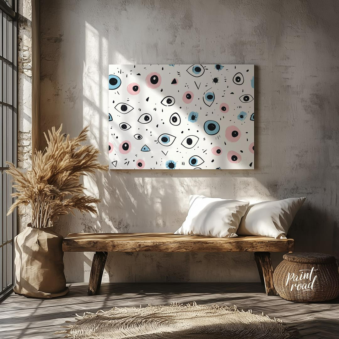 This whimsical and slightly quirky art print features a playful, repetitive pattern of stylized eye… for living room
