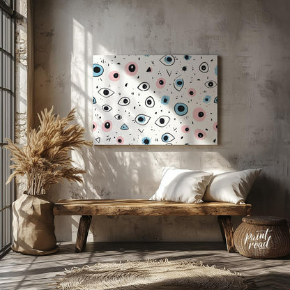 This whimsical and slightly quirky art print features a playful, repetitive pattern of stylized eye… for living room