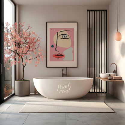This vibrant art print features an abstract, minimalist face design inspired by the cubist style of… for bathroom