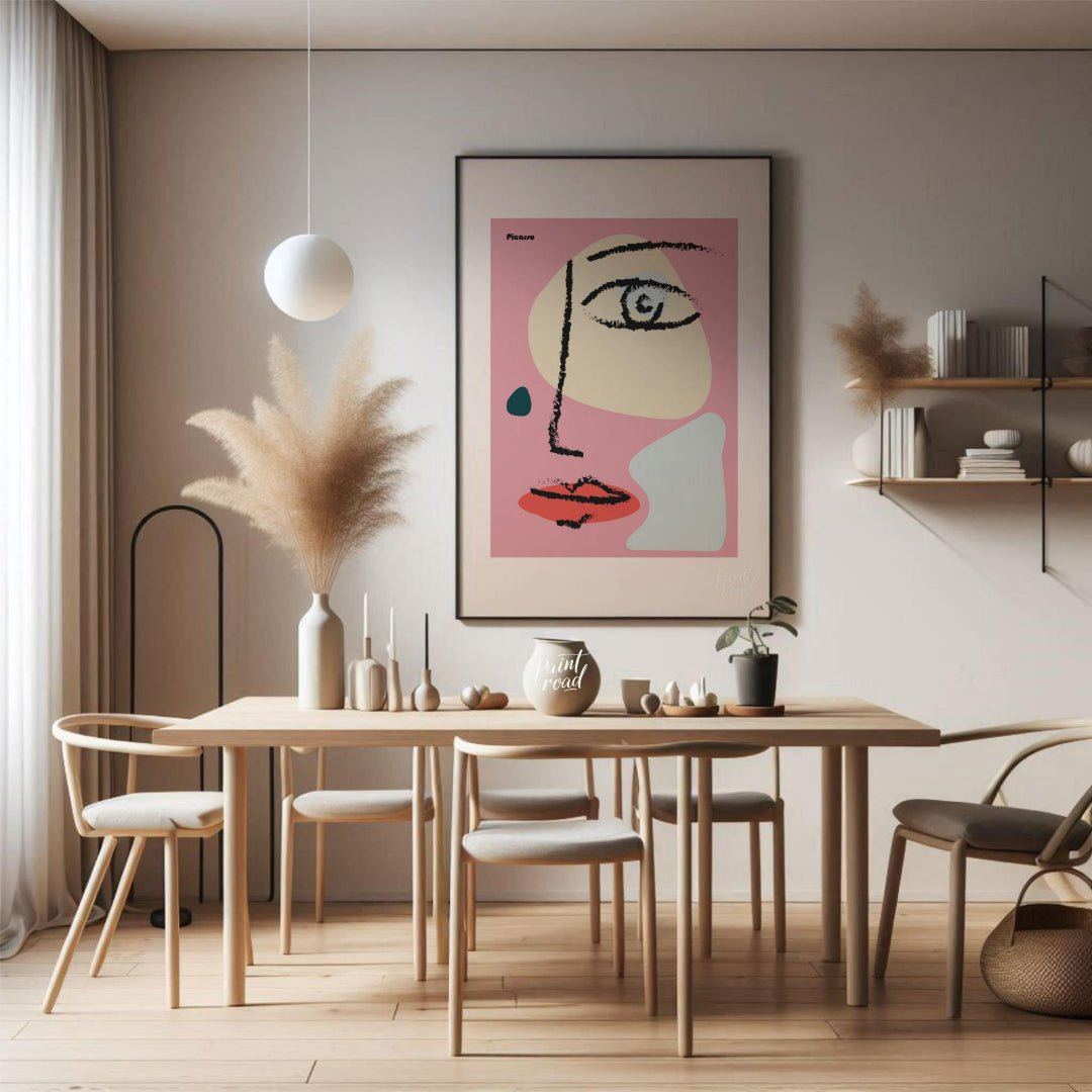 This vibrant art print features an abstract, minimalist face design inspired by the cubist style of… for dining room