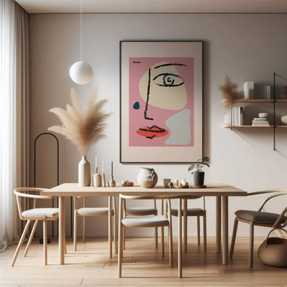 This vibrant art print features an abstract, minimalist face design inspired by the cubist style of… for dining room