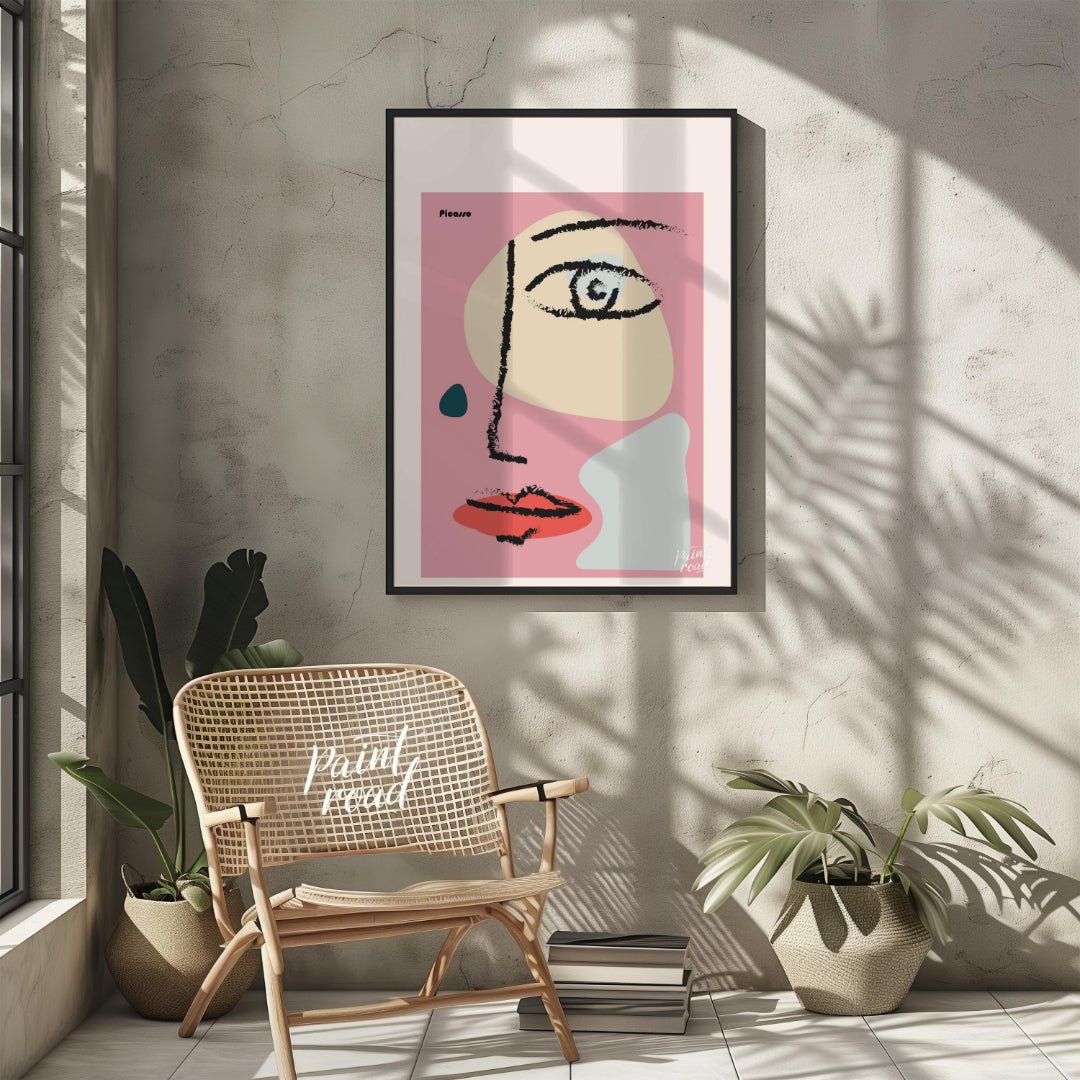 This vibrant art print features an abstract, minimalist face design inspired by the cubist style of… for living room