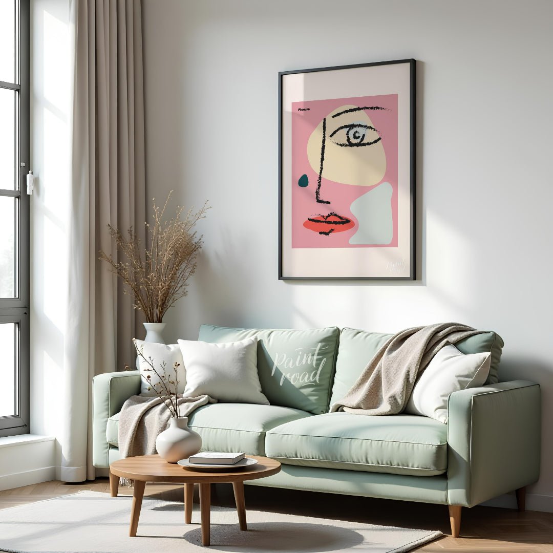 This vibrant art print features an abstract, minimalist face design inspired by the cubist style of… for living room