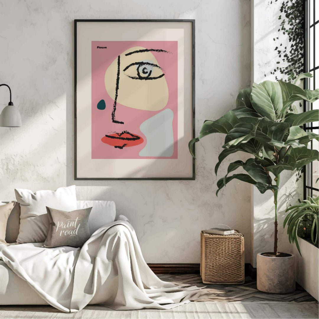 This vibrant art print features an abstract, minimalist face design inspired by the cubist style of… for living room