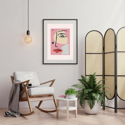 This vibrant art print features an abstract, minimalist face design inspired by the cubist style of… for living room
