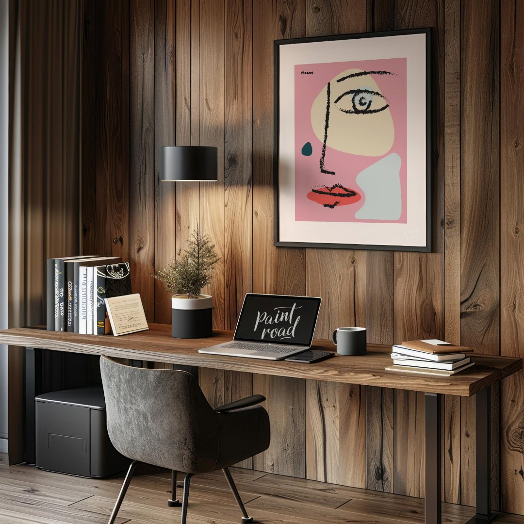 This vibrant art print features an abstract, minimalist face design inspired by the cubist style of… for office