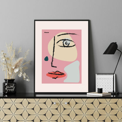 This vibrant art print features an abstract, minimalist face design inspired by the cubist style of… for office
