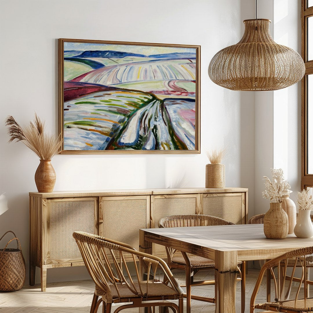 Immerse in the abstract depiction of sweeping fields covered in winter hues, captured in dynamic for Dining