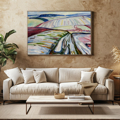 Immerse in the abstract depiction of sweeping fields covered in winter hues, captured in dynamic for Family Room