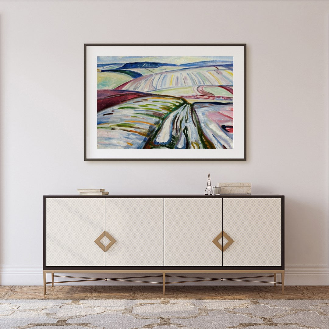Immerse in the abstract depiction of sweeping fields covered in winter hues, captured in dynamic for Foyer