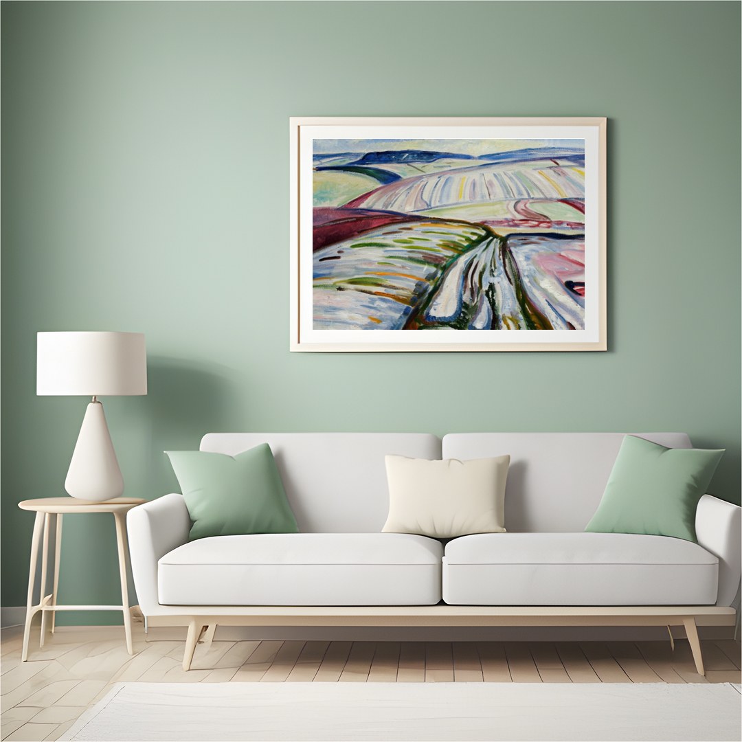 Immerse in the abstract depiction of sweeping fields covered in winter hues, captured in dynamic for Hall