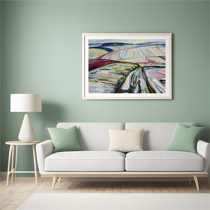 Immerse in the abstract depiction of sweeping fields covered in winter hues, captured in dynamic for Hall