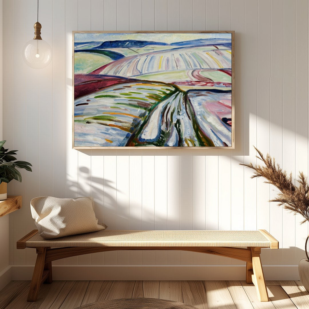 Immerse in the abstract depiction of sweeping fields covered in winter hues, captured in dynamic for Hallway