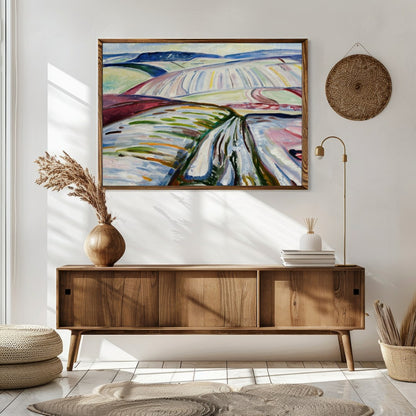 Immerse in the abstract depiction of sweeping fields covered in winter hues, captured in dynamic for Sitting Area