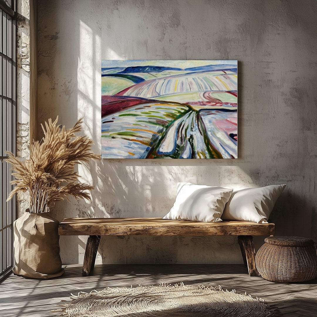 Immerse in the abstract depiction of sweeping fields covered in winter hues, captured in dynamic for Veranda
