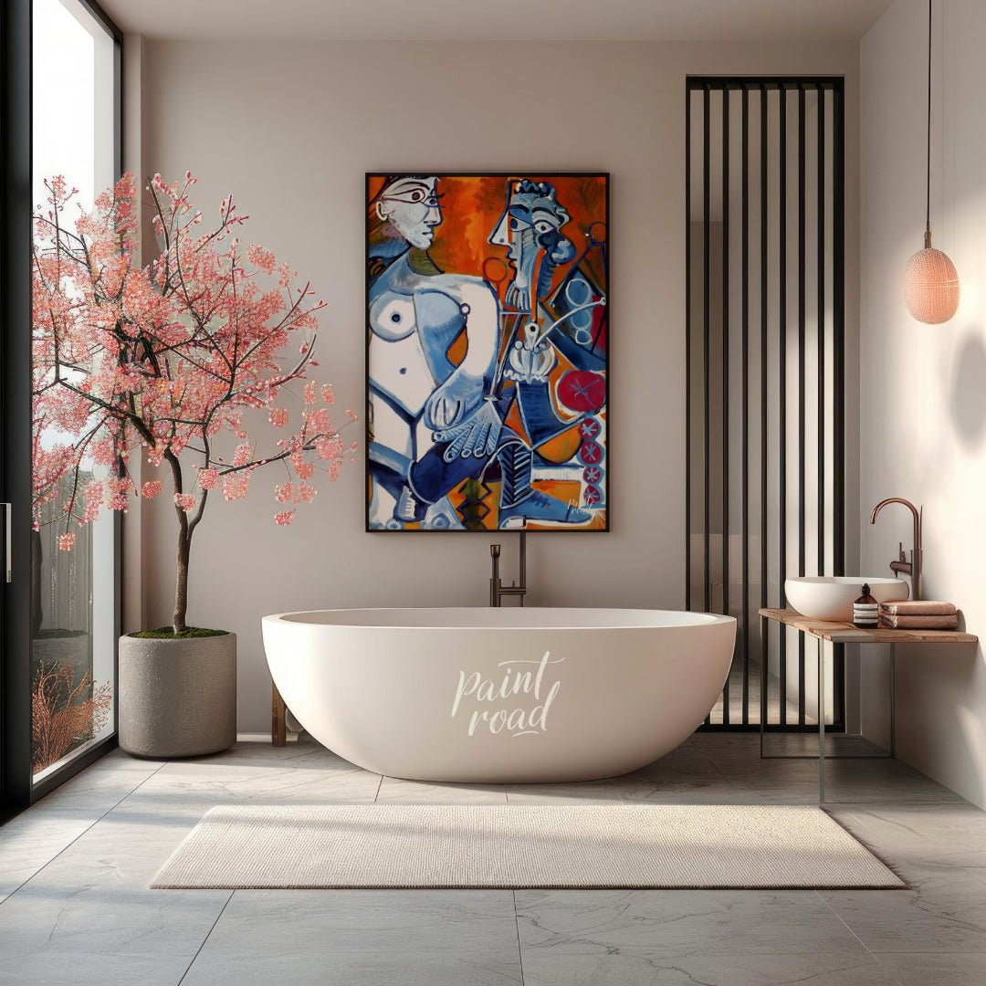 This dynamic and vibrant painting by Pablo Picasso presents a powerful interaction between two abst… for bathroom