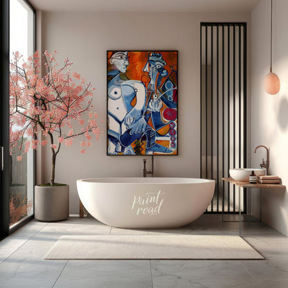This dynamic and vibrant painting by Pablo Picasso presents a powerful interaction between two abst… for bathroom
