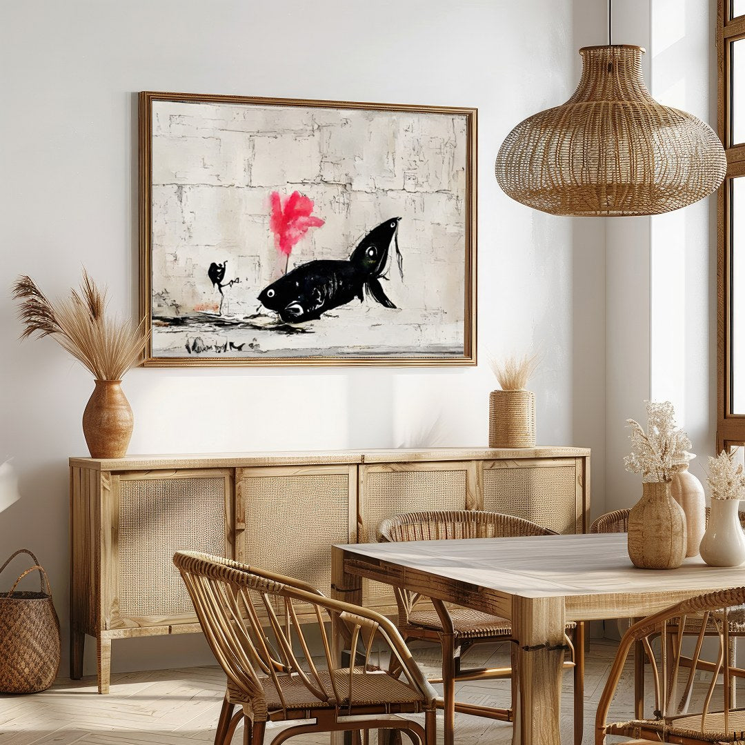 Discover the captivating charm of 'Abstract Fish Encounter in Urban Canvas,' an artwork that for Dining
