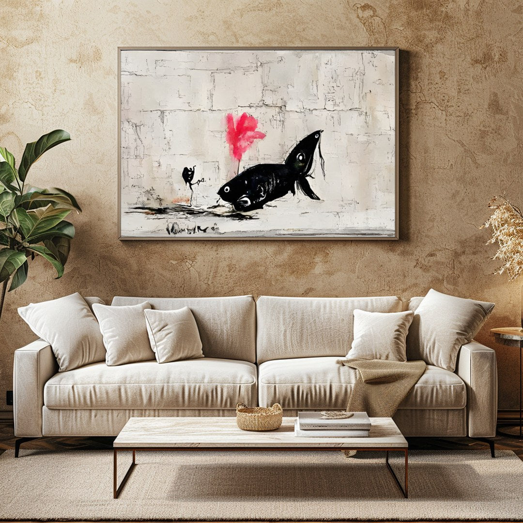 Discover the captivating charm of 'Abstract Fish Encounter in Urban Canvas,' an artwork that for Family Room