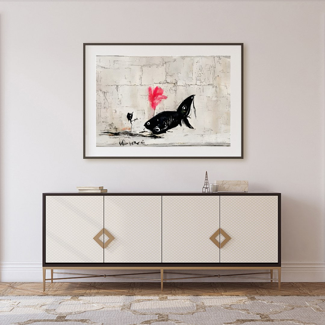 Discover the captivating charm of 'Abstract Fish Encounter in Urban Canvas,' an artwork that for Foyer