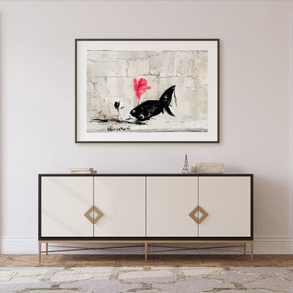 Discover the captivating charm of 'Abstract Fish Encounter in Urban Canvas,' an artwork that for Foyer