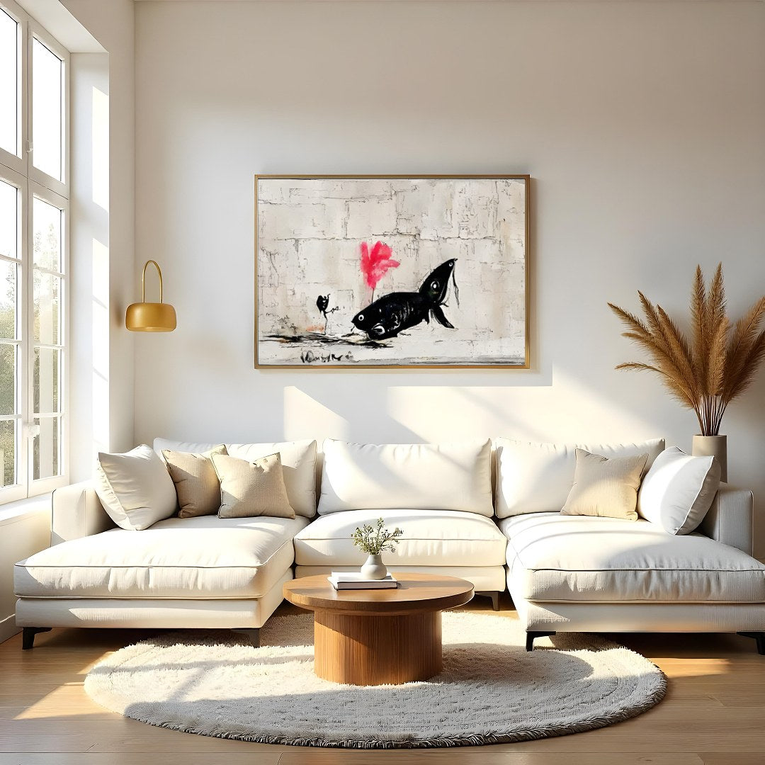 Discover the captivating charm of 'Abstract Fish Encounter in Urban Canvas,' an artwork that for Living Room