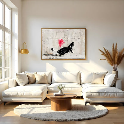 Discover the captivating charm of 'Abstract Fish Encounter in Urban Canvas,' an artwork that for Living Room