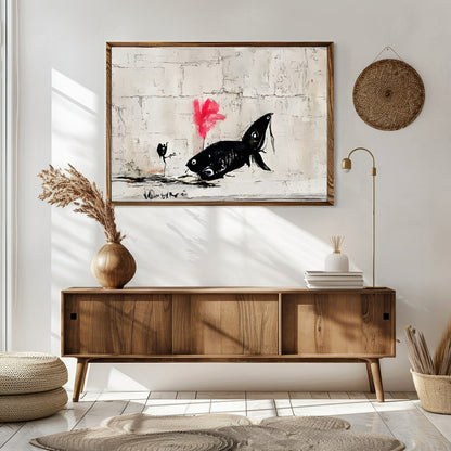 Discover the captivating charm of 'Abstract Fish Encounter in Urban Canvas,' an artwork that for Sitting Area
