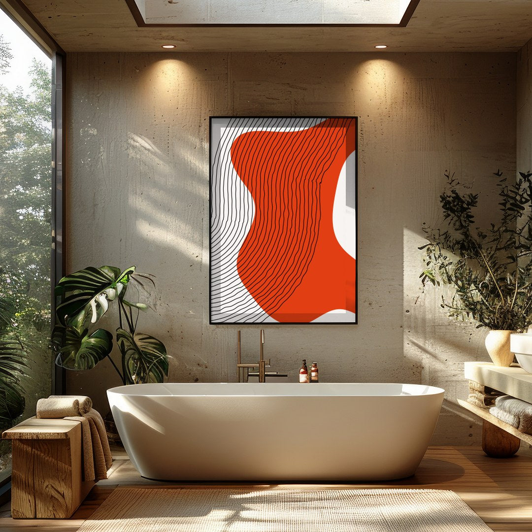 Embrace modern minimalism with the captivating Abstract Flow in Red. This piece combines flowing for Bathroom