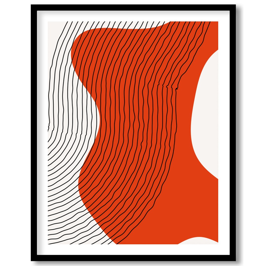This striking abstract piece features dynamic flowing lines against a vivid orange backdrop. The for area