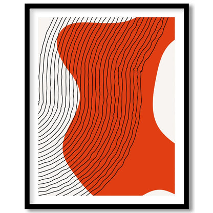 This striking abstract piece features dynamic flowing lines against a vivid orange backdrop. The for area