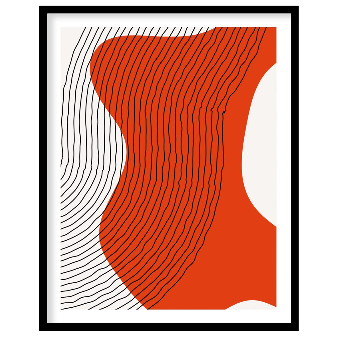 This striking abstract piece features dynamic flowing lines against a vivid orange backdrop. The for area