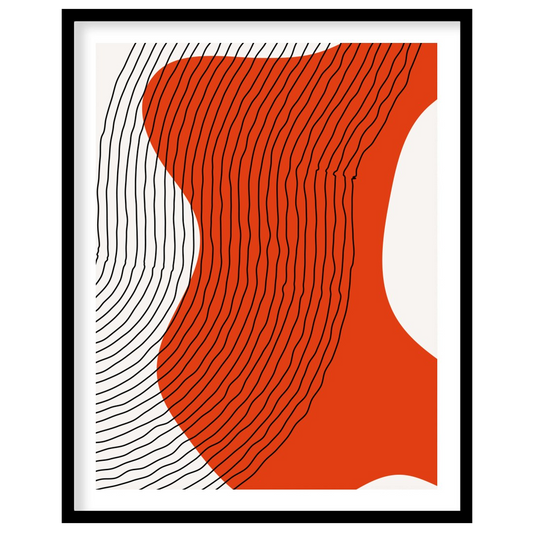 This striking abstract piece features dynamic flowing lines against a vivid orange backdrop. The for area